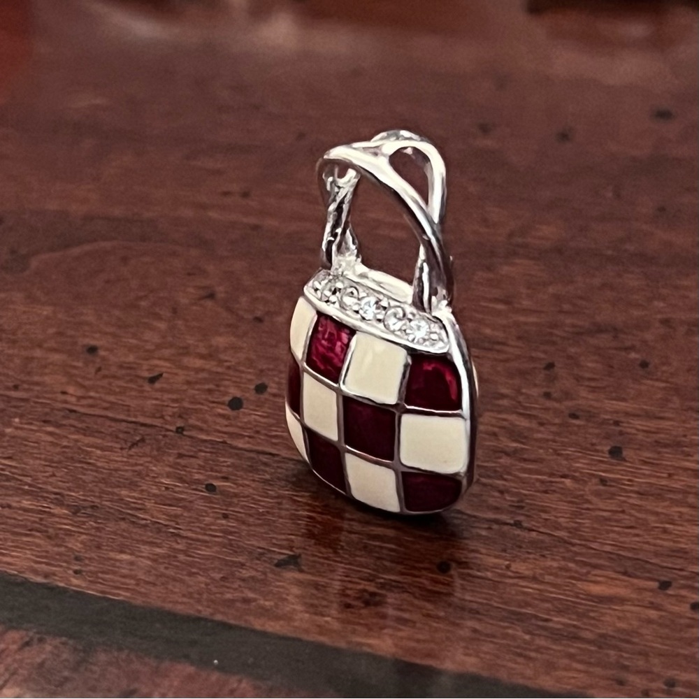 925 Sterling Silver Red and White Checkered Charm/Pendant - Picture 6 of 7